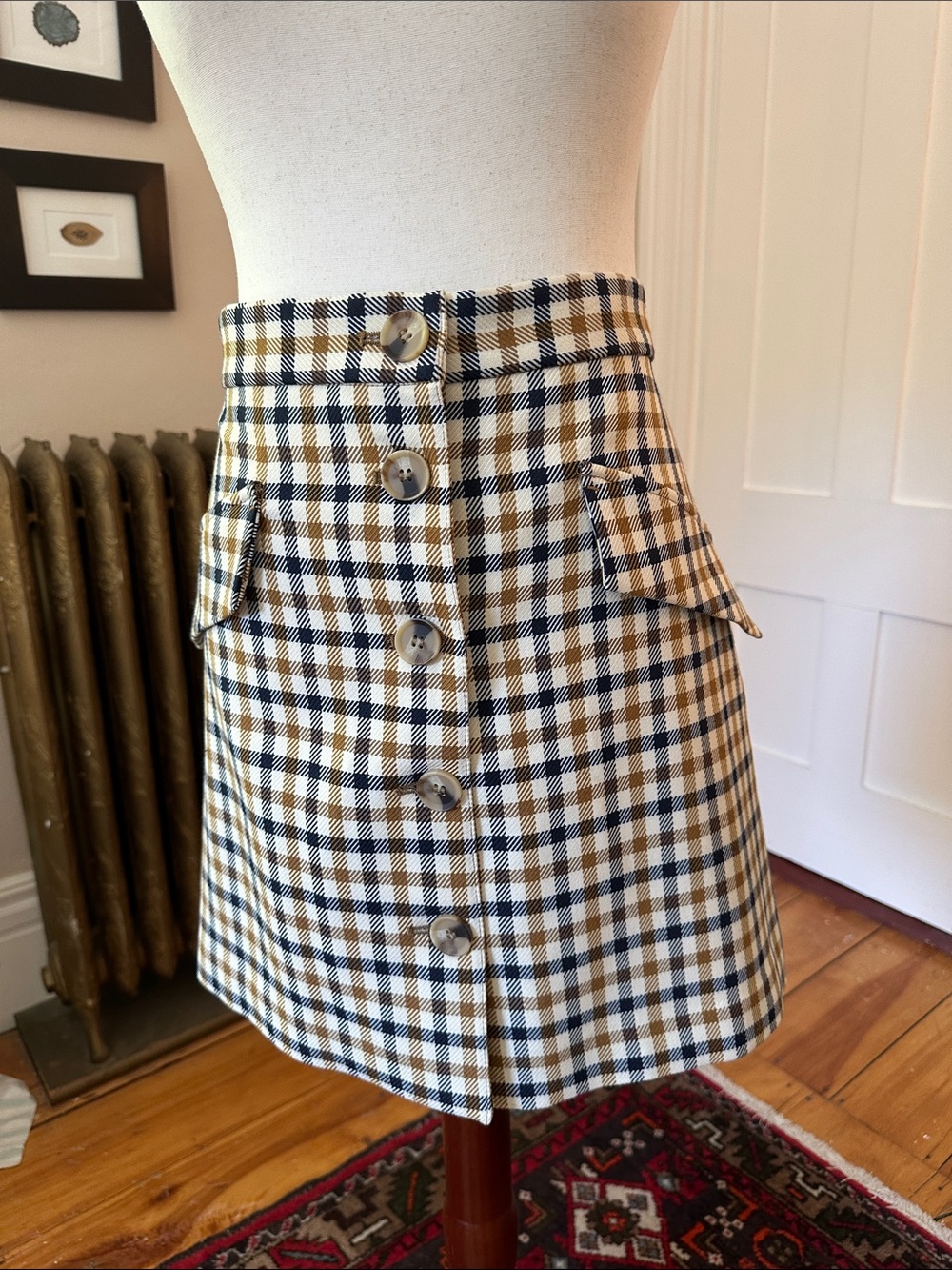 H&M Mod Button-Front Plaid Mini Skirt in Tan, Cream, and Black